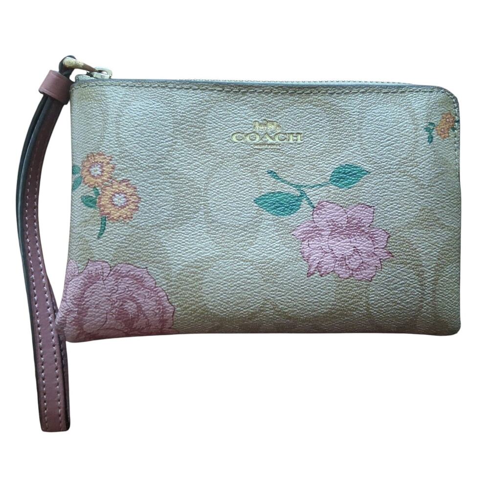 Coach  Corner Zip Wristlet in Signature Canvas With Pink Prairie Roses